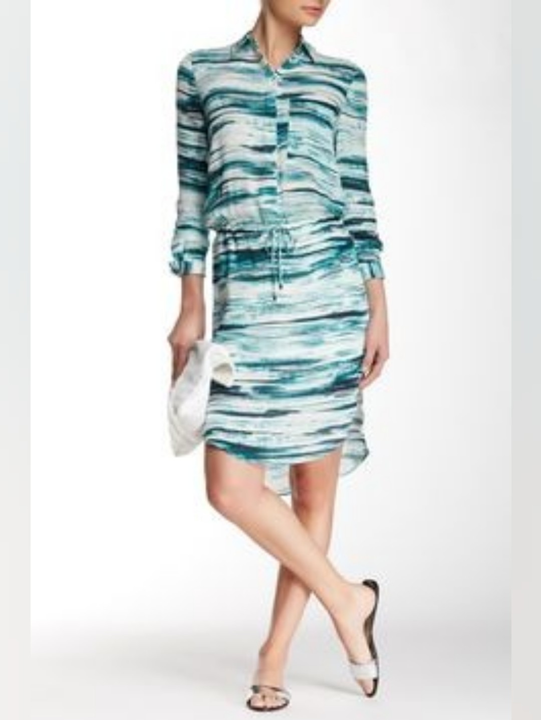 New With Tag Haute Hippie Silk Shirt Dress Turquoise Teal Stripe Size Med Nwt
